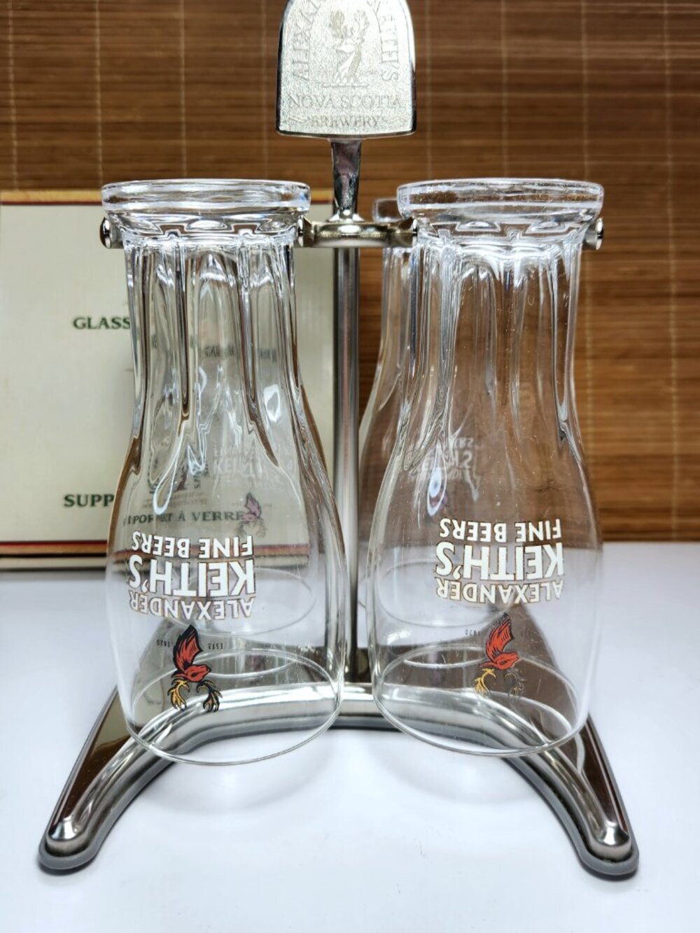 Alexander Keiths Fine Beers Glass Set Metal Stand 4 Stag Tulip Pint Glasses Cadd
